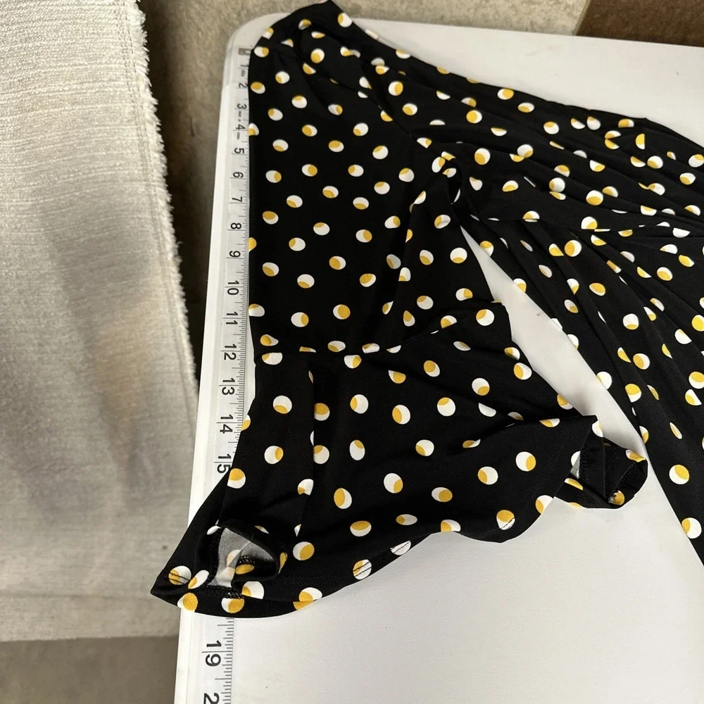 Carmen Marc Valvo 1X Polka Dot Blouse Bell Sleeve Top Black Gold Plus Size Work - Picture 9 of 11